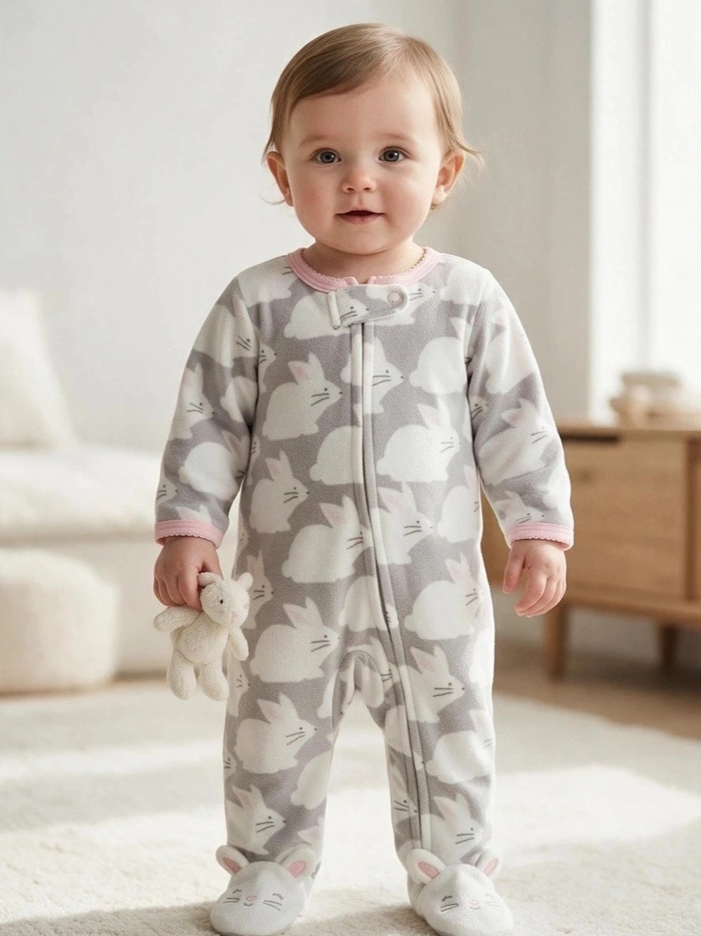 Carter's Bunny Fleece Sleep & Play Footie in Gray & Pink